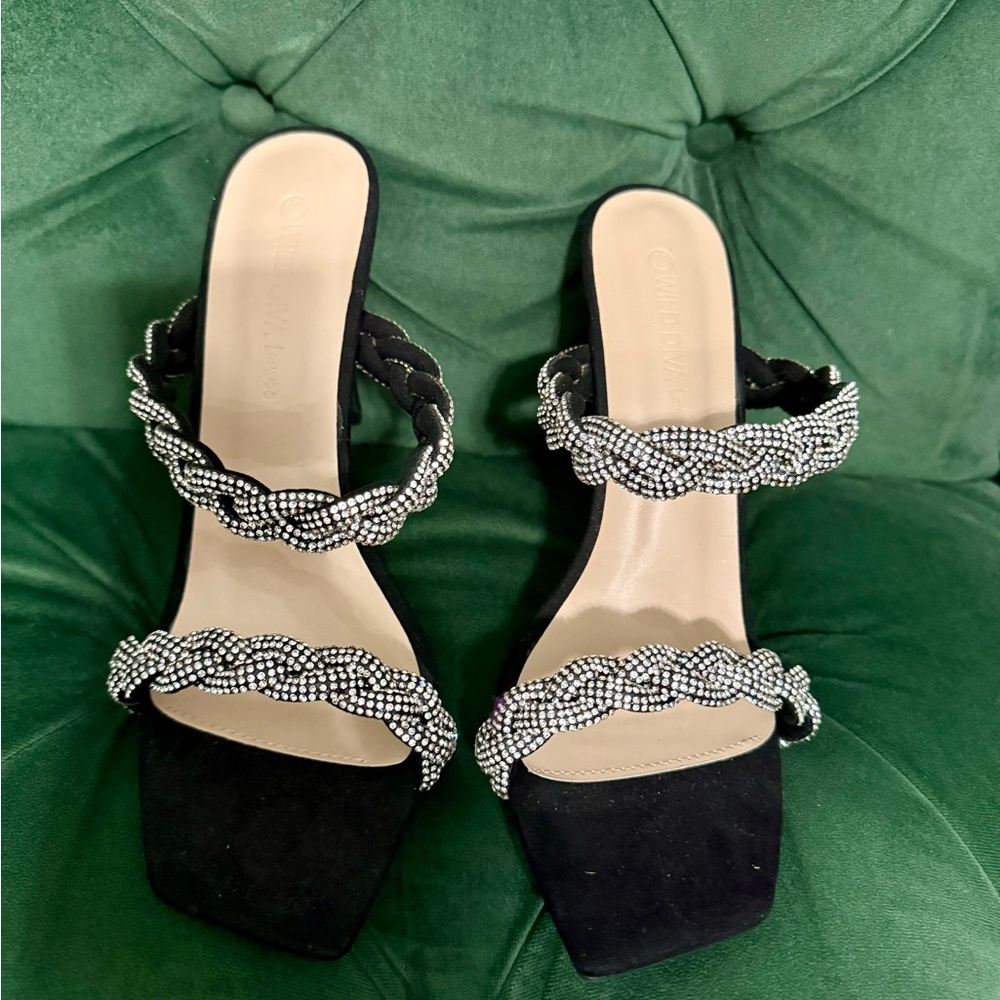 Wild Diva Black and Silver Heeled Sandals